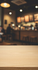 Cozy Cafe Tabletop: Warm Wood Texture, Blurry Background, Perfect for Mockups & Food Product Photography