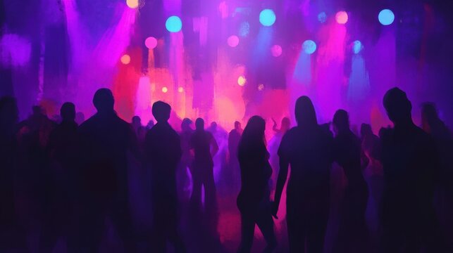 Vibrant disco party scene with colorful lights and dancing silhouettes. Perfect for nightlife, music events, and celebration themes. illustration