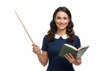 Isolated Cheerful Teacher Holding Book and Pointer Ready to Educate