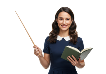 Isolated Cheerful Teacher Holding Book and Pointer Ready to Educate