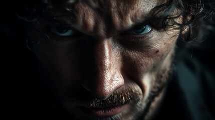 Obraz premium Angry man's emotional portrait close-up male face with intense expression dramatic lighting
