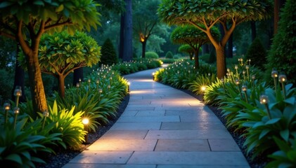 Obraz premium Curving pathway, embedded lights highlight sleek stones & vibrant greenery , smooth, greenery