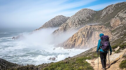 A determined traveler pauses at a steep cliff's edge with a serene ocean backdrop, mist rising from the crashing surf below