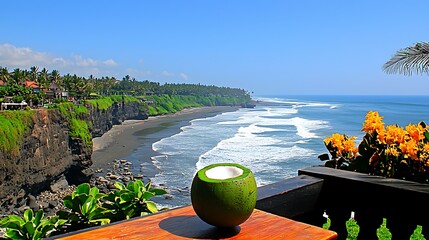 A delicious tropical coconut on a wooden table with a stunning coastal view, surrounded by a relaxed summer atmosphere