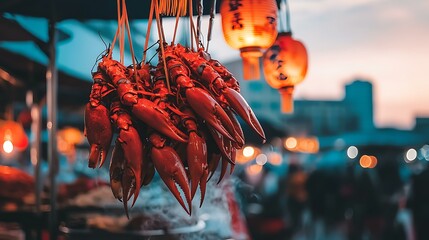 A delicious display of freshly cooked street food at a night market, with steam rising under the warm glow of hanging lanterns