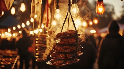 A delicious display of freshly cooked street food at a night market, with steam rising under the warm glow of hanging lanterns