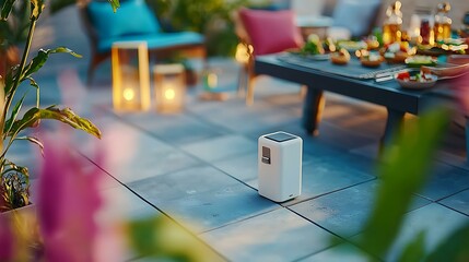 A cozy outdoor gathering with a barbecue grill, glowing lanterns, and a table filled with fresh summer food