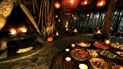 A cozy outdoor gathering with a barbecue grill, glowing lanterns, and a table filled with fresh summer food