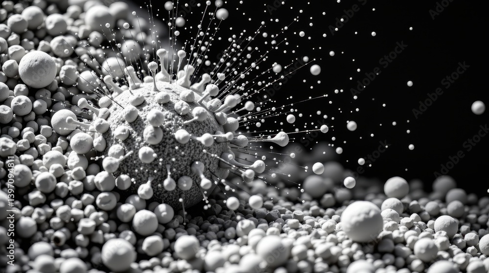 Poster abstract image of spheres with dynamic splashes in monochrome tones.