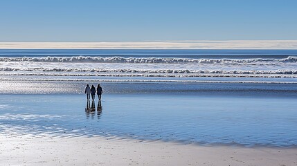 A couple walking near the water's edge, their reflections shimmering on the wet sand as the ocean sparkles under the sunlight