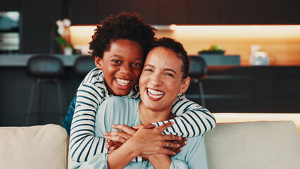 Portrait, hug and mother with son, smile and bonding together with love in living room. Face, African family or parent on sofa, mama or boy with happiness, embrace or home with trust, joyful or relax