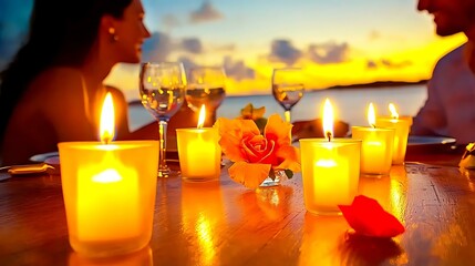 A couple sharing a romantic dinner on a terrace with flickering candles, the calm ocean in the distance, and the soft glow of the setting sun creating a magical atmosphere