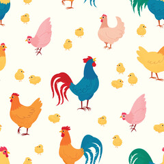 Vector minimalistic pattern with domestic farm birds. Cute funny hens, chickens and roosters in different poses.Colored silhouettes, lines and textures. Print on fabric and paper. Nursery wall decor.