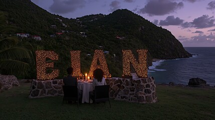 A couple seated at an elegant candlelit dinner table on a beachside terrace, enjoying a meal while gazing at the beautiful ocean view as the sun sets