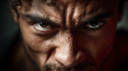 Fototapeta premium Angry man's emotional portrait with intense expression in close-up dramatic lighting emotional depth