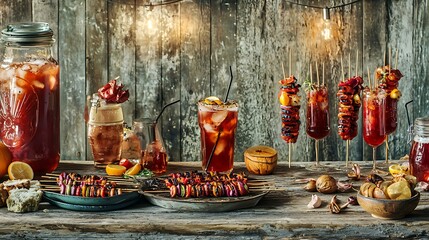 A backyard feast with a rustic wooden table, grilled skewers, cold drinks, and warm ambient lighting for a perfect summer evening