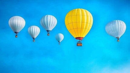 A colorful hot air balloon festival with balloons in various shapes and sizes floating against a bright blue sky, offering a breathtaking view