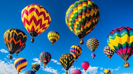 A colorful hot air balloon festival with balloons in various shapes and sizes floating against a bright blue sky, offering a breathtaking view