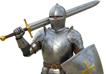 Isolated Knight in Armor with Sword and Shield with Cross