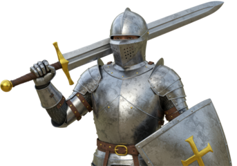 Isolated Knight in Armor with Sword and Shield with Cross