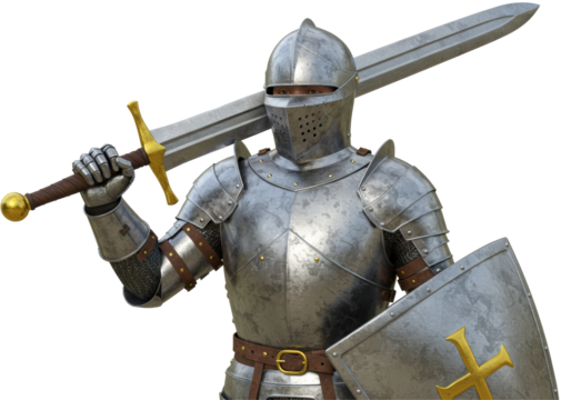 Isolated Knight in Armor with Sword and Shield with Cross