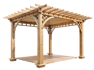 A wooden pergola with a lattice roof and a wooden floor on a black background on transparent background