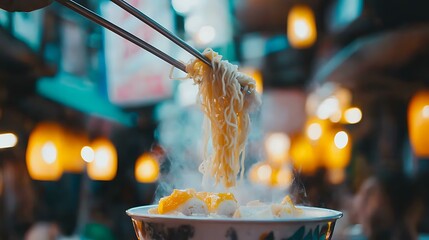 A close-up of a delicious bowl of noodles being prepared at a night market, with lanterns softly lighting up the background