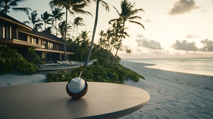 A chilled coconut with a straw resting on a seaside table, surrounded by soft white sand and palm trees swaying in the breeze