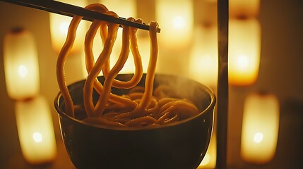 A close-up of a delicious bowl of noodles being prepared at a night market, with lanterns softly lighting up the background