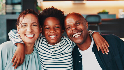 Fototapeta premium Portrait, hug and parents with son, smile and bonding together with love in lounge. Face, African family or mother on sofa, father or boy with happiness, embrace or home with trust, joyful and relax