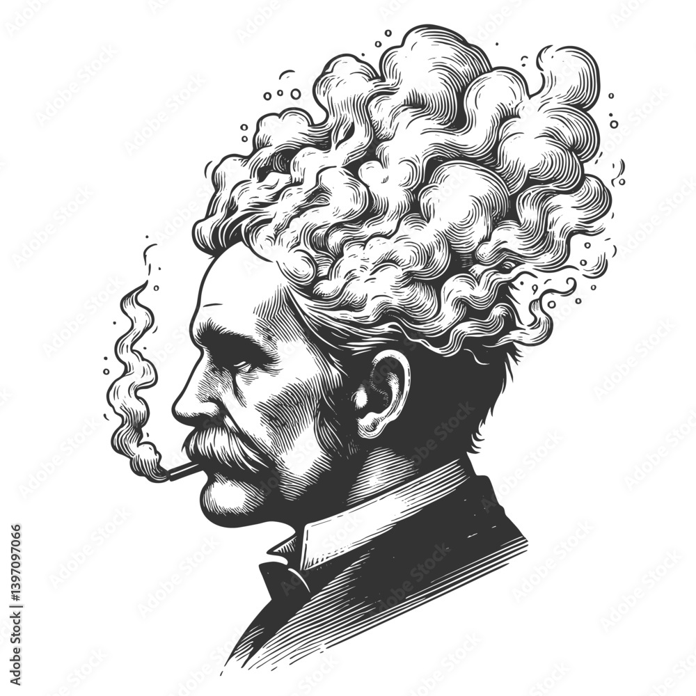Poster man with smoke emerging from his head, symbolizing thoughts and imagination sketch engraving generat
