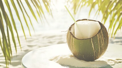 A chilled coconut with a straw resting on a seaside table, surrounded by soft white sand and palm trees swaying in the breeze
