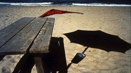 A chilled coconut drink resting on a wooden beachside table, with a sun umbrella casting a soft shadow
