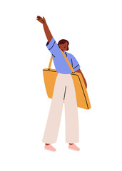Art student carries portfolio case for drawings. Artist with bag for canvas, pictures greeting, waving hand. Black girl gesturing, welcoming. Flat isolated vector illustration on white background