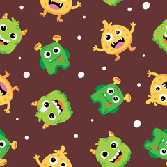 Naklejka premium Playful Monster Party: Whimsical Cartoon Creatures in a Seamless Pattern Design