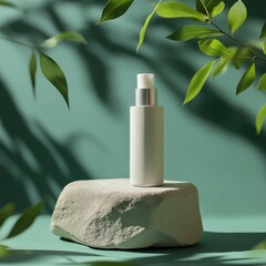 Eco-conscious skincare concept showing a minimalist refillable cosmetic bottle placed on a stone block. Ideal for sustainability and beauty themes.