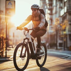 Eco-friendly transportation image featuring a person commuting by electric bike in an urban setting. Modern, clean, and trending.
