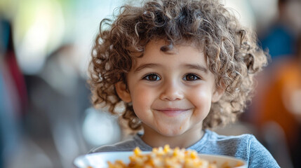 Naklejka premium Young child enjoys a bowl of pasta in a restaurant