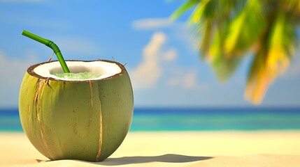 Close-up of a fresh coconut drink on a sandy beach, with palm trees and a turquoise ocean in the blurred background