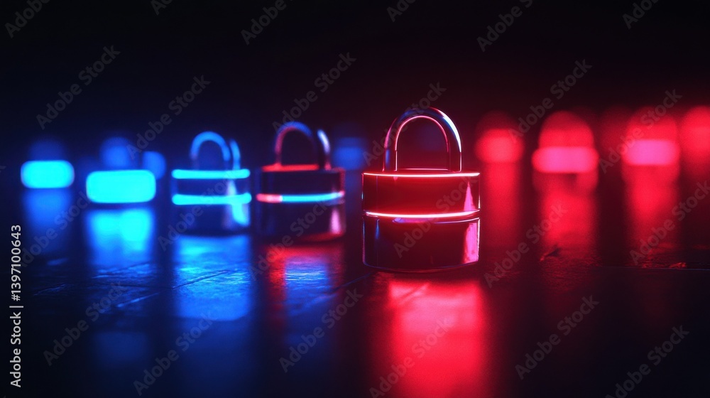 Poster a row of glowing red and blue padlocks symbolizing cybersecurity and data protection in a dark backg