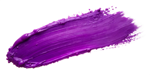 Close up of a vibrant purple paint stroke on a contrasting black backdrop on transparent background