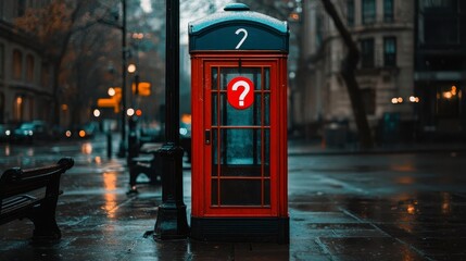 Fototapeta premium Red Telephone Booth on Rainy City Street at Night with Question Mark