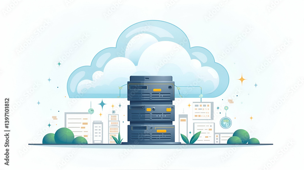 Poster flat cute vector illustration of innovative cloud data center framework for real-time analytics, opt