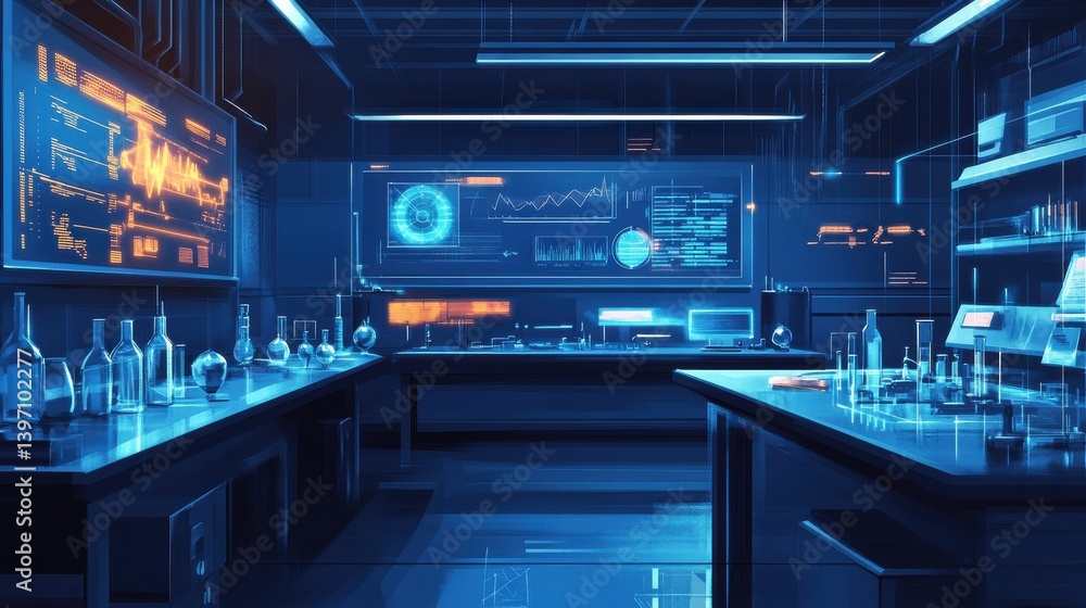 Poster a futuristic laboratory with glowing screens displaying data and lab equipment on the tables. illust