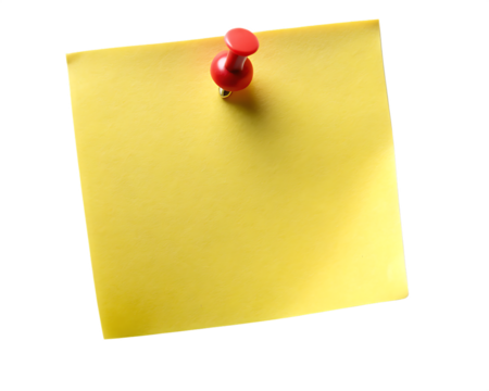 A yellow sticky note attached with a red push pin  on transparent background