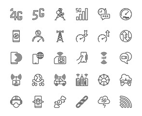 Vector 5G networking technology outline icon set. Features include a wireless signal symbol with '5G' text, ideal for mobile, internet, and modern communication-themed designs concept, editable stroke