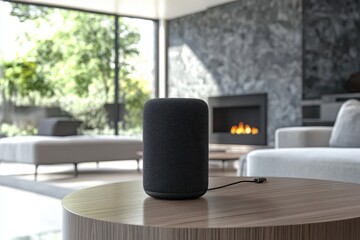 Fototapeta premium Black smart speaker on wooden table in a modern living room. Use for smart home, tech reviews, audio, or automation projects.