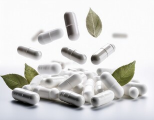 Falling white medicine pills capsule isolated on white background