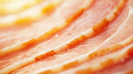 Close-up of a sliced ham. the ham is pink in color and has a smooth texture. the slices are arranged in a diagonal pattern, with each slice overlapping the one below it.