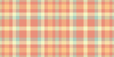 Soft, pastel plaid pattern in peach, cream, and teal. Perfect for textile design, backgrounds, or website templates. Evokes feelings of warmth, comfort, and gentle style.